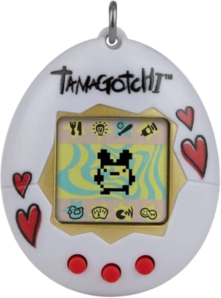 Hearts shell An original Tamagotchi with a white shell decorated with red hearts.