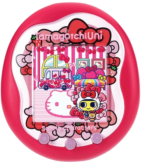 Sanrio shell A Tamagotchi Uni with a pink shell decorated with Hello Kitty's ribbons and strawberries.